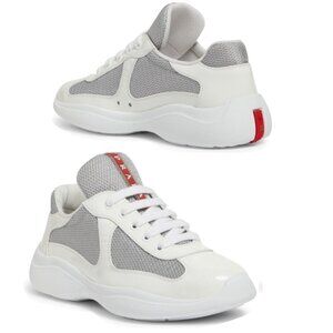 Prada Americas Cup Sneakers Women Bianco Argento Patent Leather Sneakers Size 40